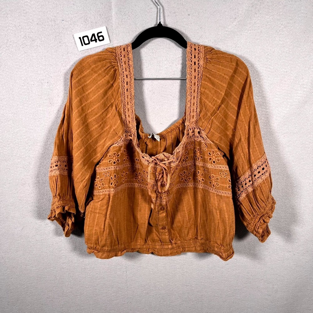 American Eagle Outfitters Crop Top Womens XL Brown Boho Eyeletโ Lace Puff Sleeve